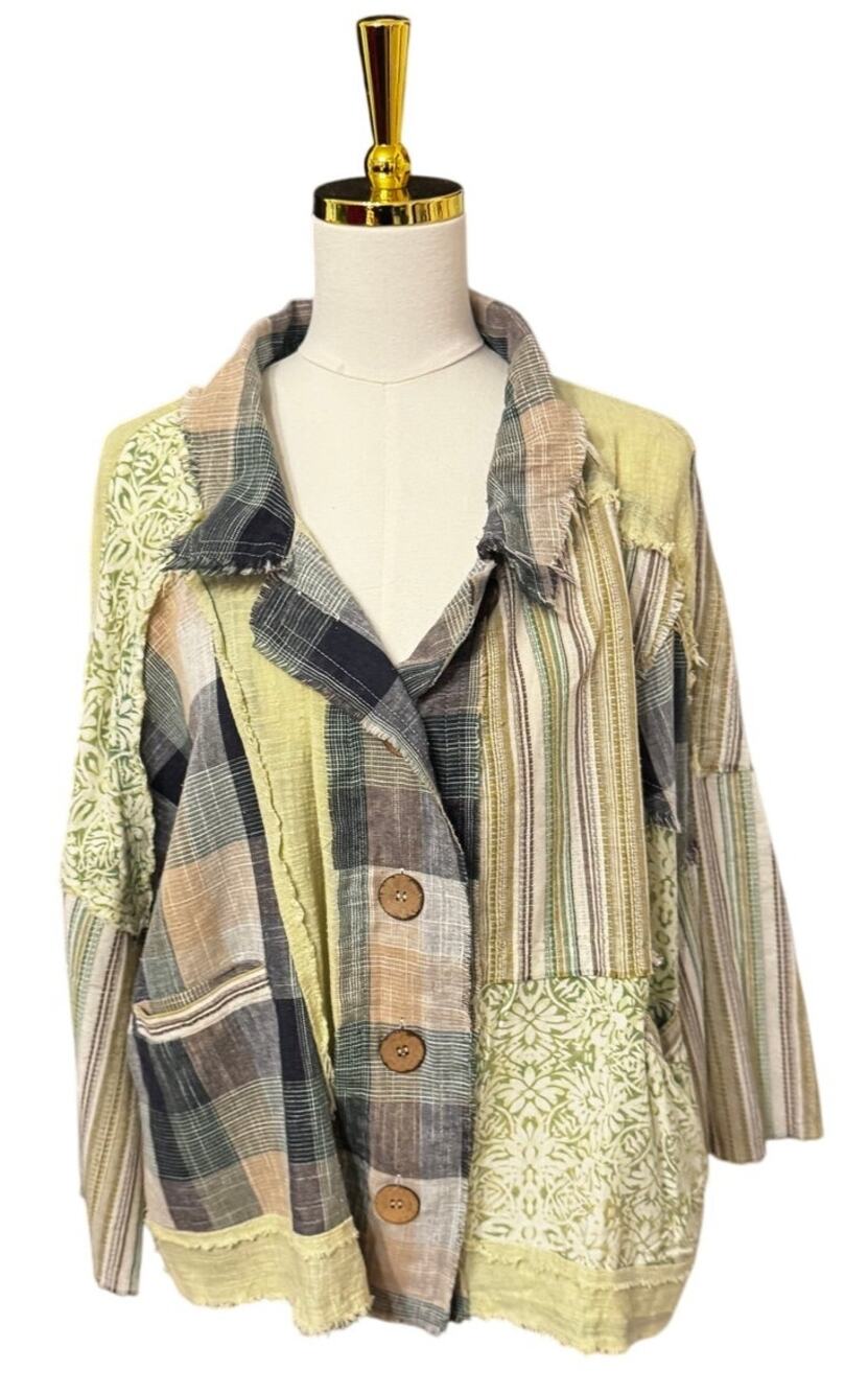 Oli & Hali Patchwork Mixed Media Jacket Shirt Green Plaid Boho Oversized Large